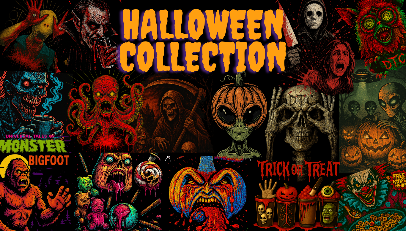 Bold collage of horror icons—grim reaper, pumpkin heads, zombies, clowns, and monsters—set against vibrant colors with “HALLOWEEN COLLECTION” in loud orange and purple. Creepy, chaotic, and unforgettable.