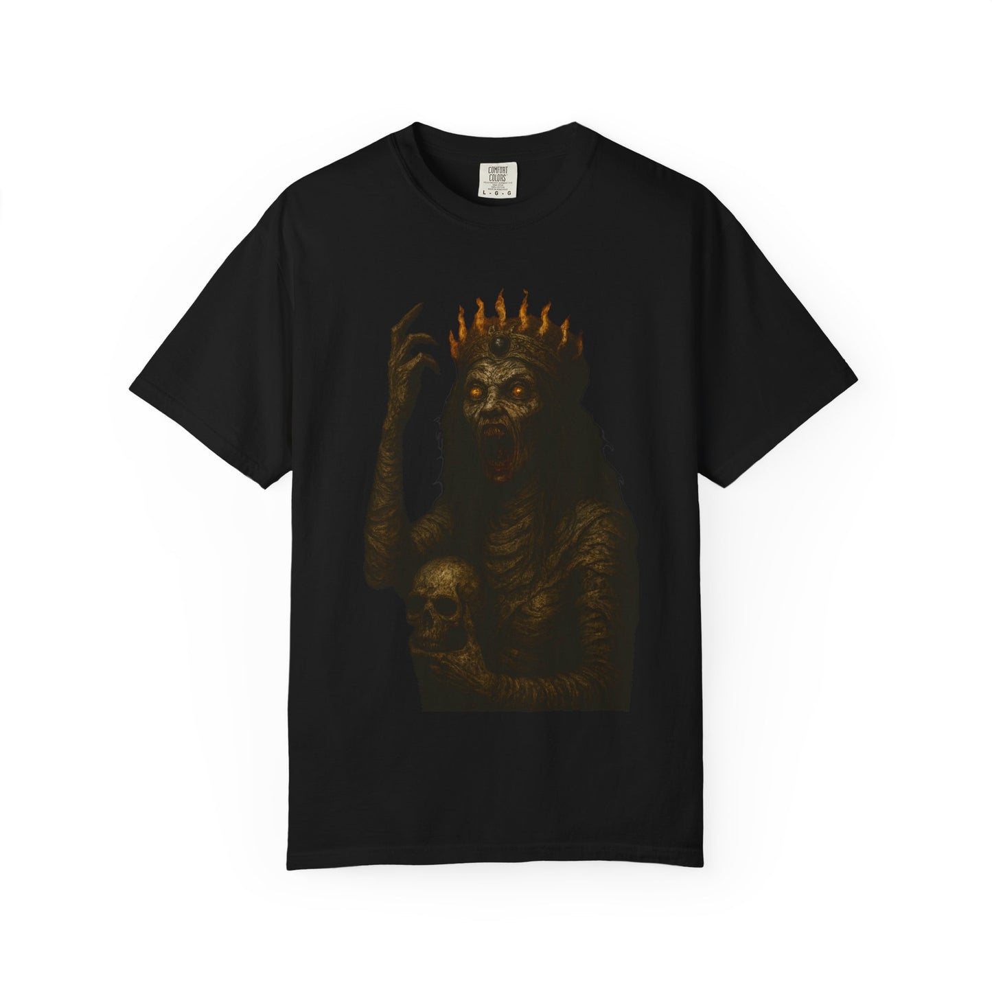 Black t-shirt featuring a gothic horror design of a crowned undead queen with glowing red eyes, holding a human skull and wearing a flaming crown; the graphic is intense, cinematic, and perfect for fans of horror, punk, and heavy metal aesthetics.