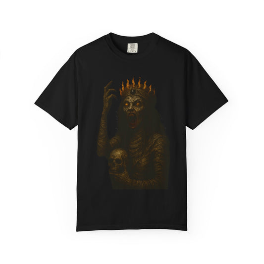 Black t-shirt featuring a gothic horror design of a crowned undead queen with glowing red eyes, holding a human skull and wearing a flaming crown; the graphic is intense, cinematic, and perfect for fans of horror, punk, and heavy metal aesthetics.