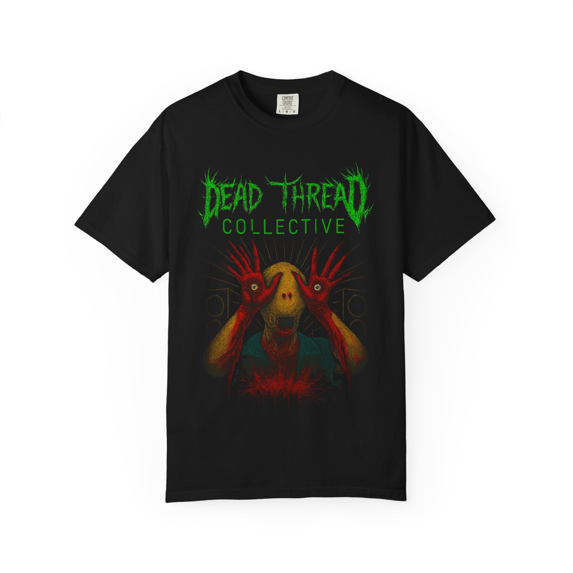 Black t-shirt featuring a surreal horror graphic of a yellow-skinned creature with red elongated hands covering its eyes, set against a chaotic red and black background. Above the illustration, jagged green text reads "DEAD THREAD COLLECTIVE." The design evokes gothic, punk, and horror aesthetics.