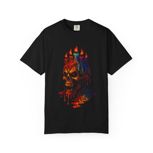 Black t-shirt featuring a horror-themed graphic of a skull with glowing red eyes, topped with melting candles dripping neon wax in red, blue, and purple; the skull appears to dissolve into a pool of vibrant liquid, blending gothic, psychedelic, and punk aesthetics.