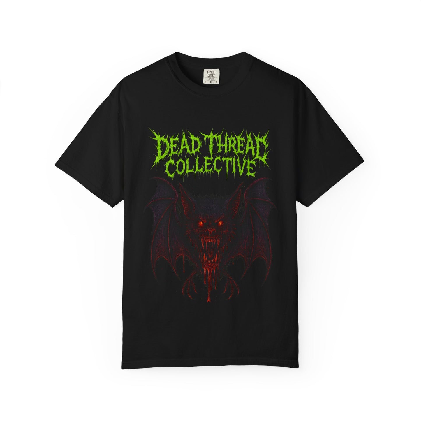 Black t-shirt featuring a blood-dripping vampire bat with glowing red eyes and sharp fangs, framed by jagged neon green and red text reading "Dead Threat Collective" in a horror-style font.