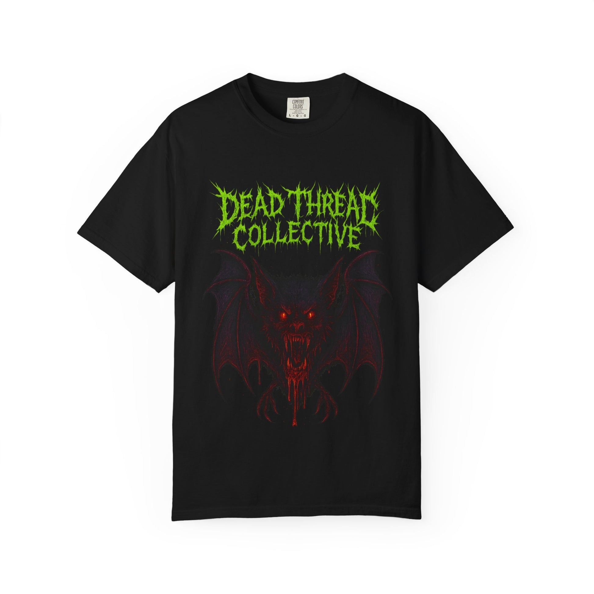 Black t-shirt featuring a blood-dripping vampire bat with glowing red eyes and sharp fangs, framed by jagged neon green and red text reading "Dead Threat Collective" in a horror-style font.