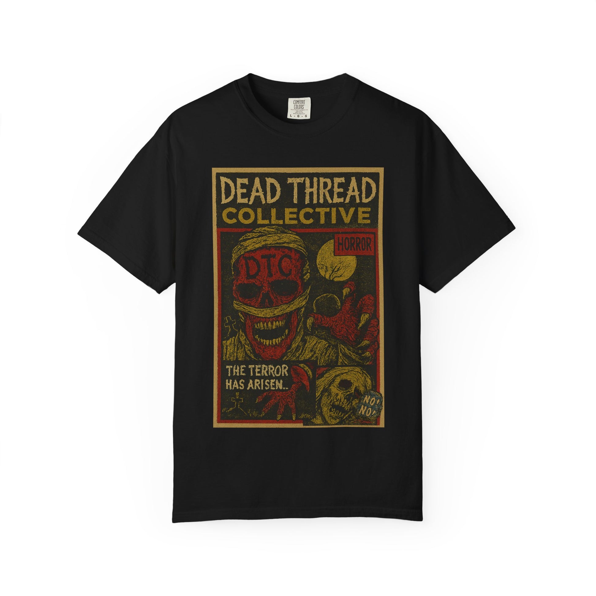 Black T-shirt featuring a vintage horror comic-style design with a red and yellow skeletal figure and bold text reading “Dead Thread Collective – Horror – DTC – The Terror Has Arisen… No. 02”