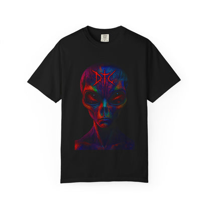 Black t-shirt featuring a glowing alien head in red, blue, and purple tones with a stern expression and stylized "DTC" symbol above its forehead; vibrant sci-fi horror design centered on the chest.