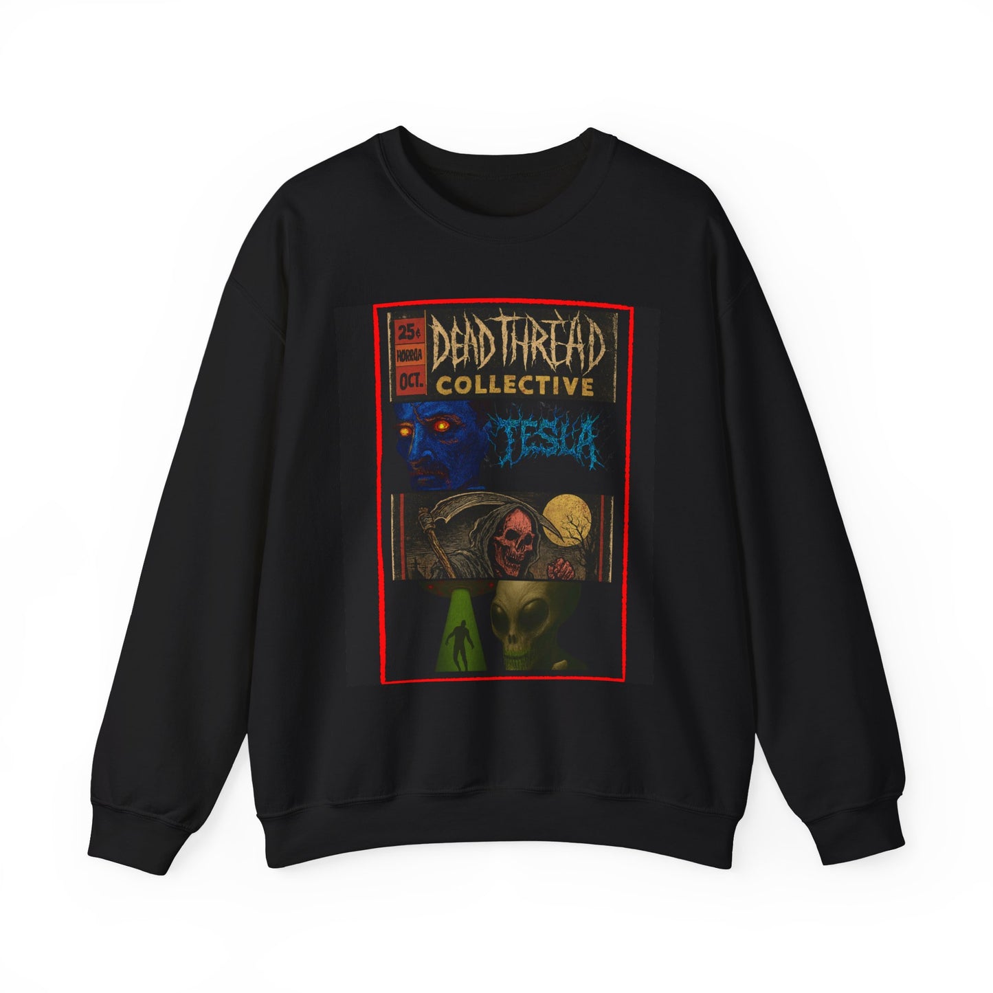 Black sweatshirt featuring a vivid horror comic-style graphic with a blue-faced figure, skull-faced character, and alien creature framed in red. Text reads “25¢ ISSUE 001 OCT DEAD THREAD COLLECTIVE JESSICA.” Design evokes vintage pulp covers with a surreal, punk aesthetic.