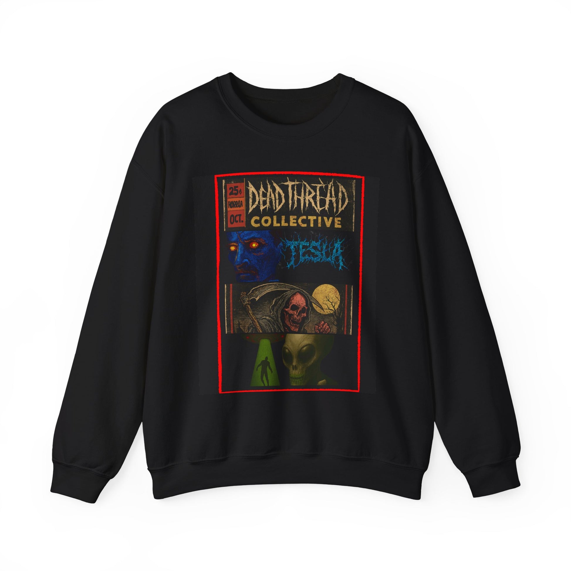 Black sweatshirt featuring a vivid horror comic-style graphic with a blue-faced figure, skull-faced character, and alien creature framed in red. Text reads “25¢ ISSUE 001 OCT DEAD THREAD COLLECTIVE JESSICA.” Design evokes vintage pulp covers with a surreal, punk aesthetic.