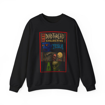 Black sweatshirt featuring a vivid horror comic-style graphic with a blue-faced figure, skull-faced character, and alien creature framed in red. Text reads “25¢ ISSUE 001 OCT DEAD THREAD COLLECTIVE JESSICA.” Design evokes vintage pulp covers with a surreal, punk aesthetic.