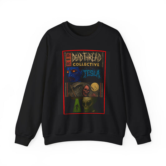 Black sweatshirt featuring a vivid horror comic-style graphic with a blue-faced figure, skull-faced character, and alien creature framed in red. Text reads “25¢ ISSUE 001 OCT DEAD THREAD COLLECTIVE JESSICA.” Design evokes vintage pulp covers with a surreal, punk aesthetic.